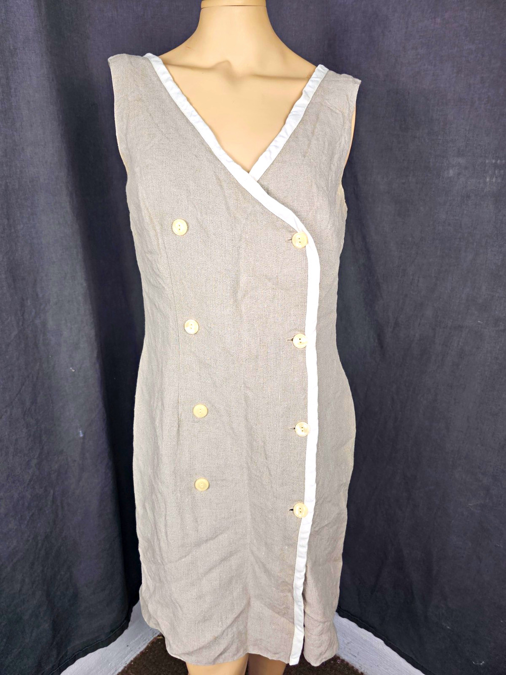 Vintage 100% Linen Dress 12 Beige Double Breasted Wrap Sleeveless Quiet Luxury